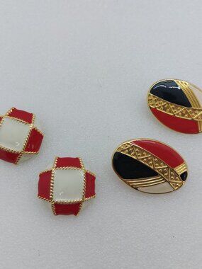 2 Pairs Of Clip On Enamel Earrings Gold Tone